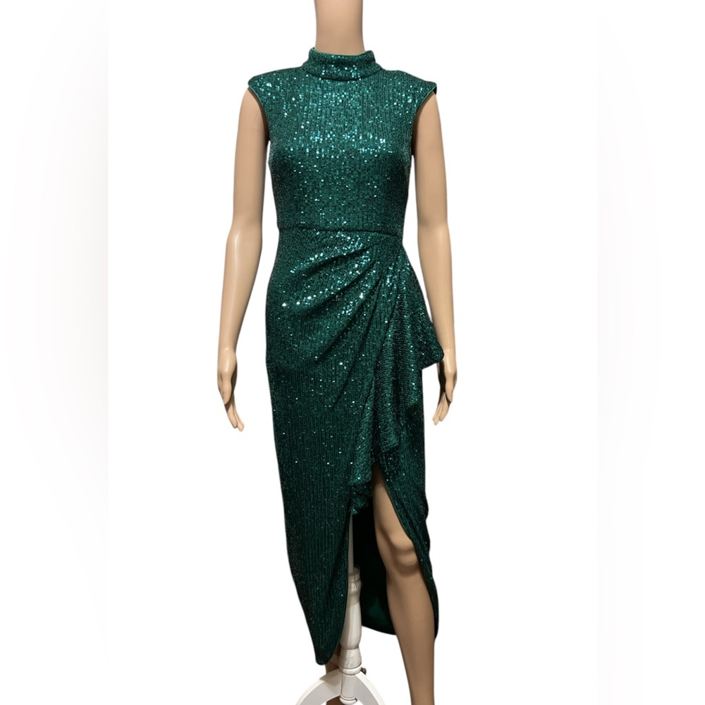 Badgley Mischka Belle Sz 0 Isla Sequin Mock Neck Front Slit Emerald Silhouette